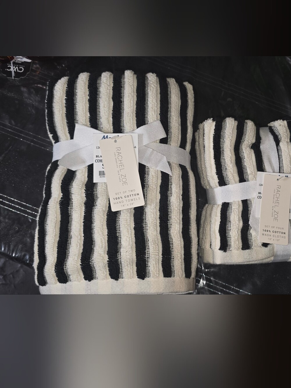 RACHEL ZOE Black & White Striped Cotton Hand Towels And Washcloths